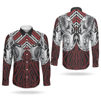 Aotearoa Kowhaiwhai Poutama Red Motif Couples Matching Off The Shoulder Long Sleeve Dress and Long Sleeve Button Shirt
