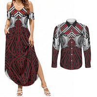 Aotearoa Kowhaiwhai Poutama Red Motif Couples Matching Summer Maxi Dress and Long Sleeve Button Shirt LT9 Red - Polynesian Pride