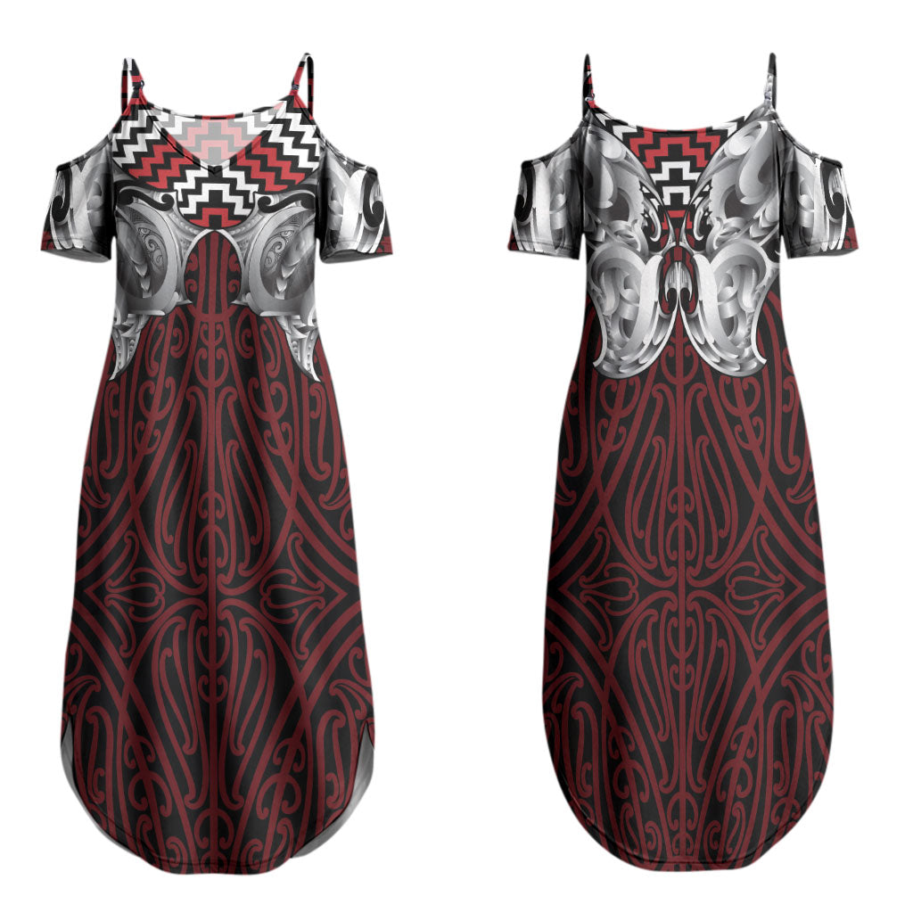 Aotearoa Kowhaiwhai Poutama Red Motif Couples Matching Summer Maxi Dress and Long Sleeve Button Shirt LT9 - Polynesian Pride