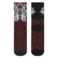 Aotearoa Kowhaiwhai Poutama Red Motif Crew Socks LT9 - Polynesian Pride