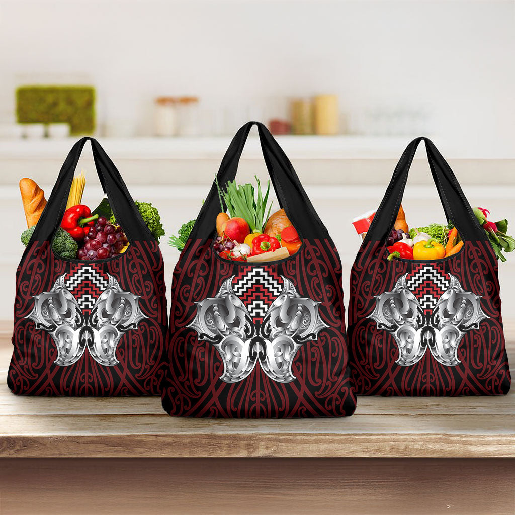 Aotearoa Kowhaiwhai Poutama Red Motif Grocery Bag LT9 3-pack One Size Red - Polynesian Pride