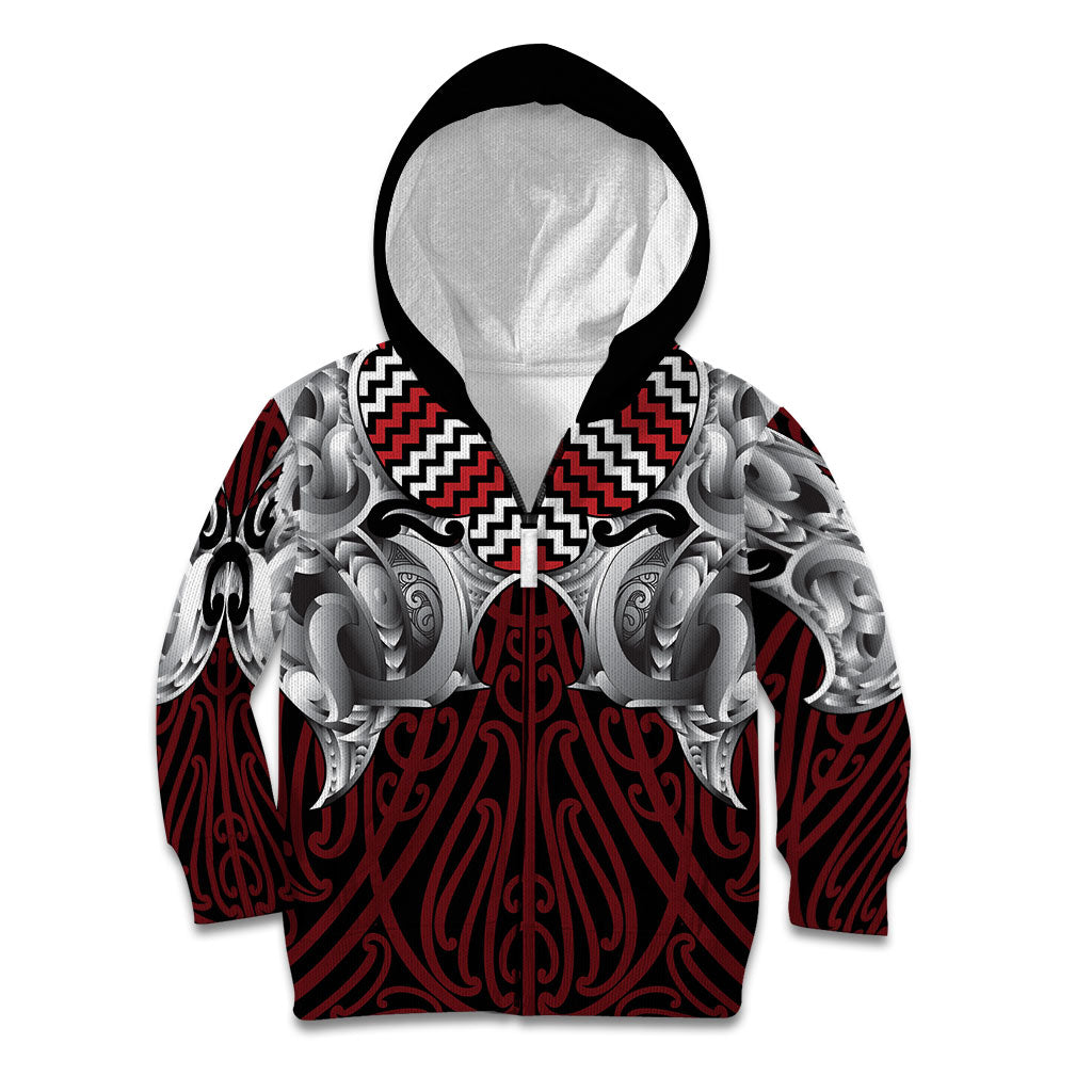 Aotearoa Kowhaiwhai Poutama Red Motif Kid Hoodie LT9 Zip Hoodie Red - Polynesian Pride