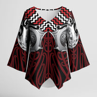 Aotearoa Kowhaiwhai Poutama Red Motif Kimono Sleeve Blouse LT9 Female Red - Polynesian Pride