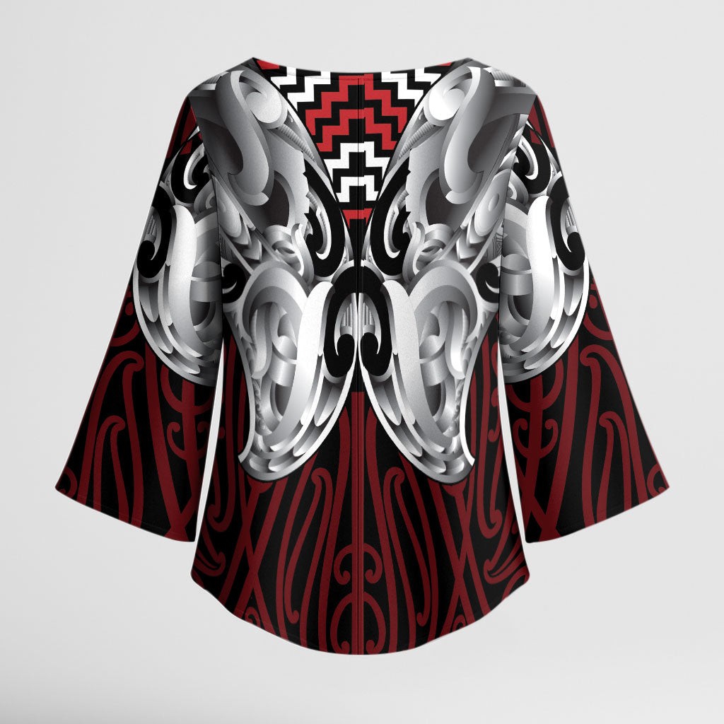 Aotearoa Kowhaiwhai Poutama Red Motif Kimono Sleeve Blouse LT9 - Polynesian Pride