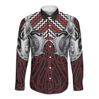 Aotearoa Kowhaiwhai Poutama Red Motif Long Sleeve Button Shirt LT9 Unisex Red - Polynesian Pride