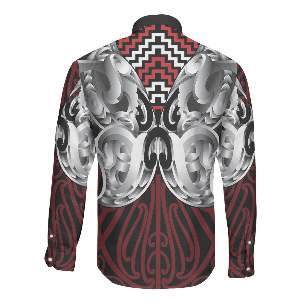 Aotearoa Kowhaiwhai Poutama Red Motif Long Sleeve Button Shirt LT9 - Polynesian Pride