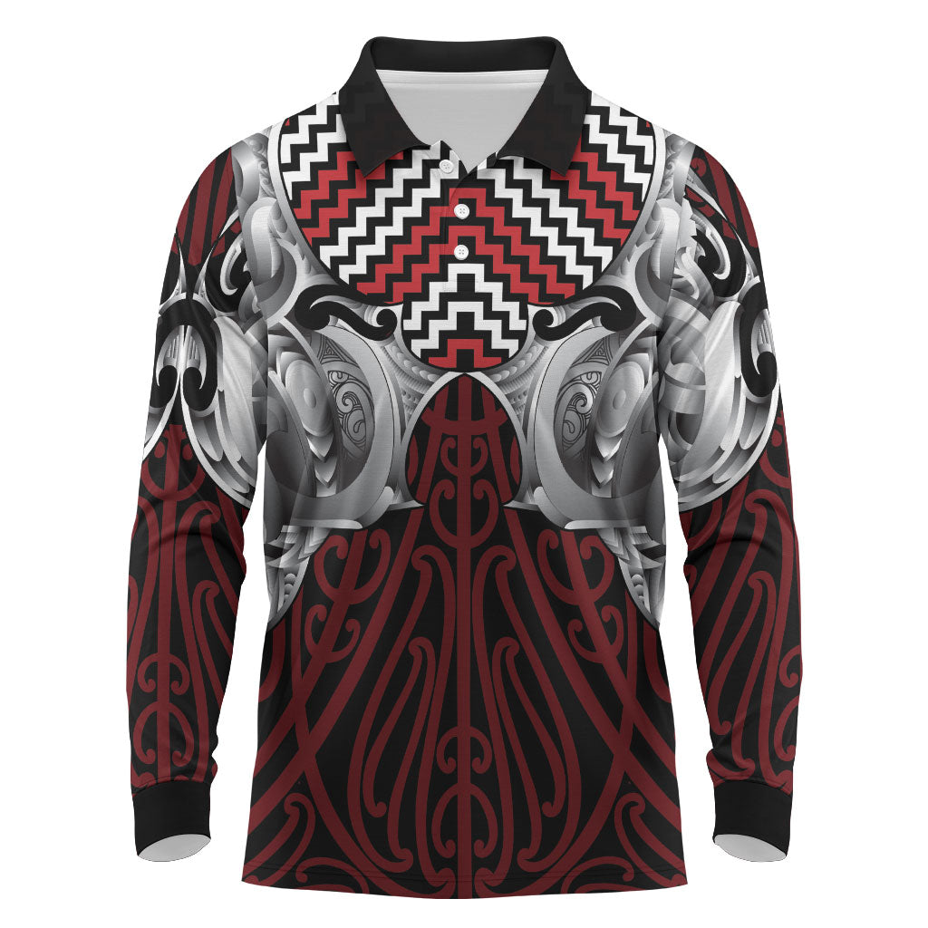 Aotearoa Kowhaiwhai Poutama Red Motif Long Sleeve Polo Shirt LT9 Red - Polynesian Pride