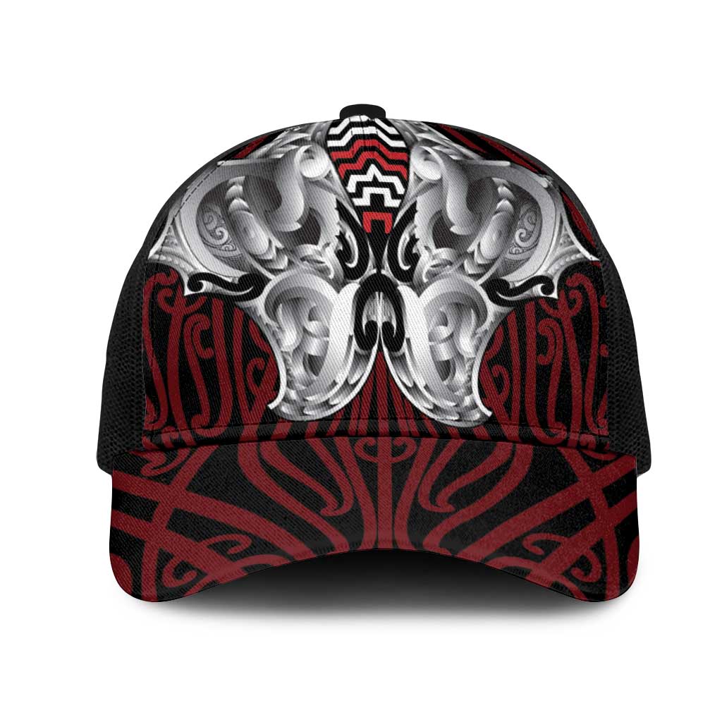 Aotearoa Kowhaiwhai Poutama Red Motif Mesh Trucker Cap