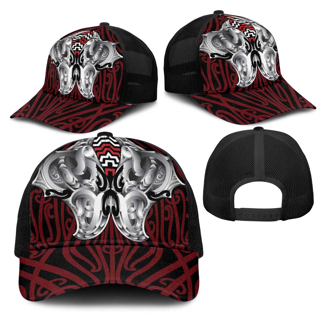 Aotearoa Kowhaiwhai Poutama Red Motif Mesh Trucker Cap