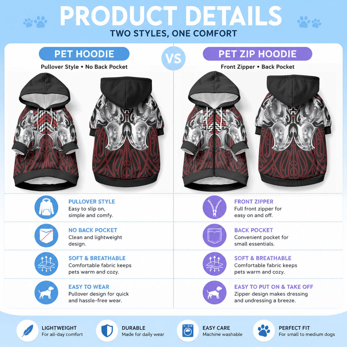 Aotearoa Kowhaiwhai Poutama Red Motif Pet Hoodie LT9 - Polynesian Pride