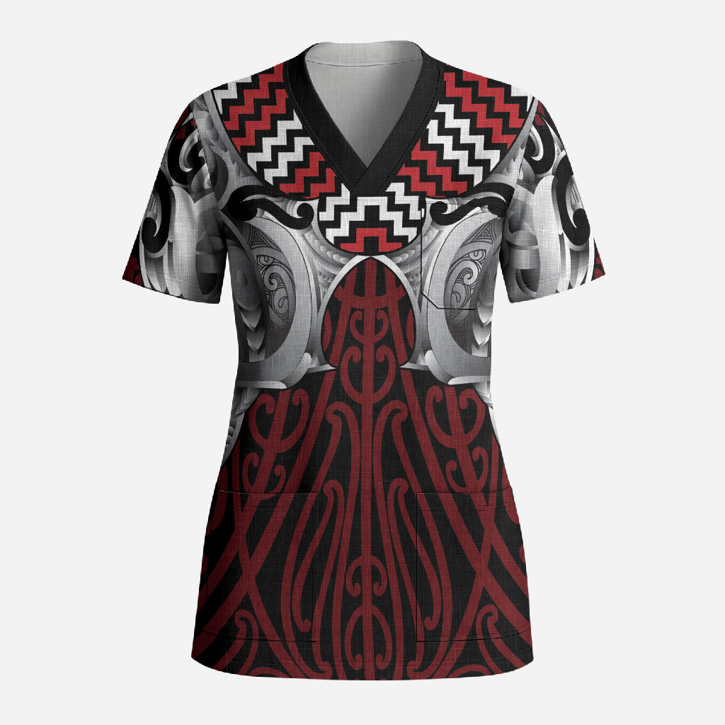 Aotearoa Kowhaiwhai Poutama Red Motif Scrub Top LT9 Adult Red - Polynesian Pride