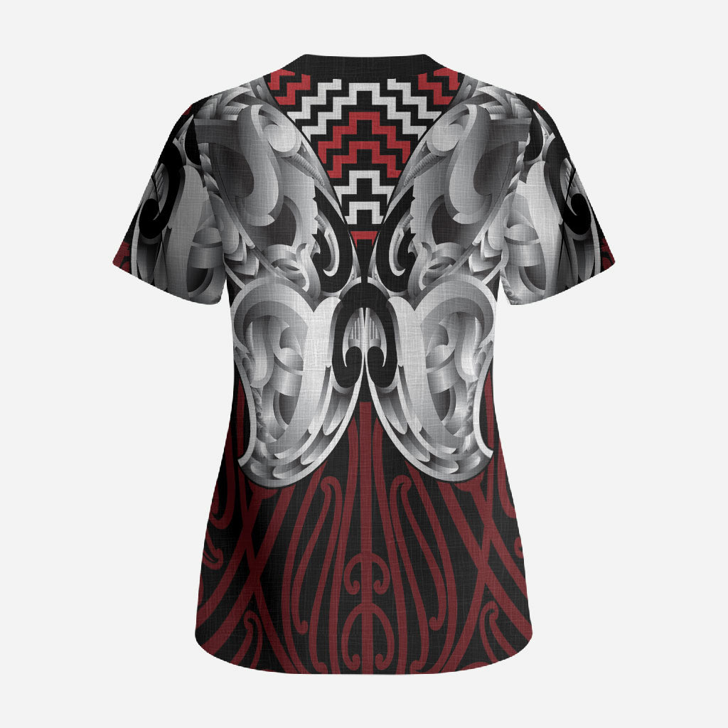 Aotearoa Kowhaiwhai Poutama Red Motif Scrub Top LT9 - Polynesian Pride