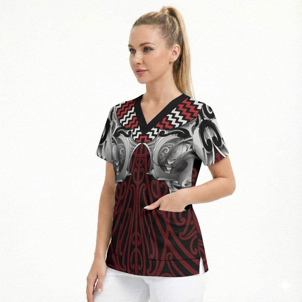 Aotearoa Kowhaiwhai Poutama Red Motif Scrub Top LT9 - Polynesian Pride