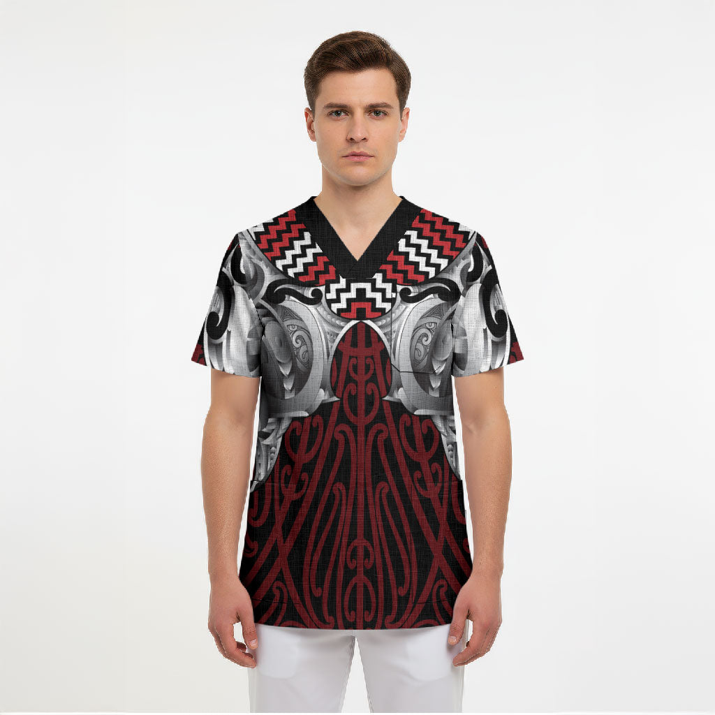 Aotearoa Kowhaiwhai Poutama Red Motif Scrub Top LT9 - Polynesian Pride
