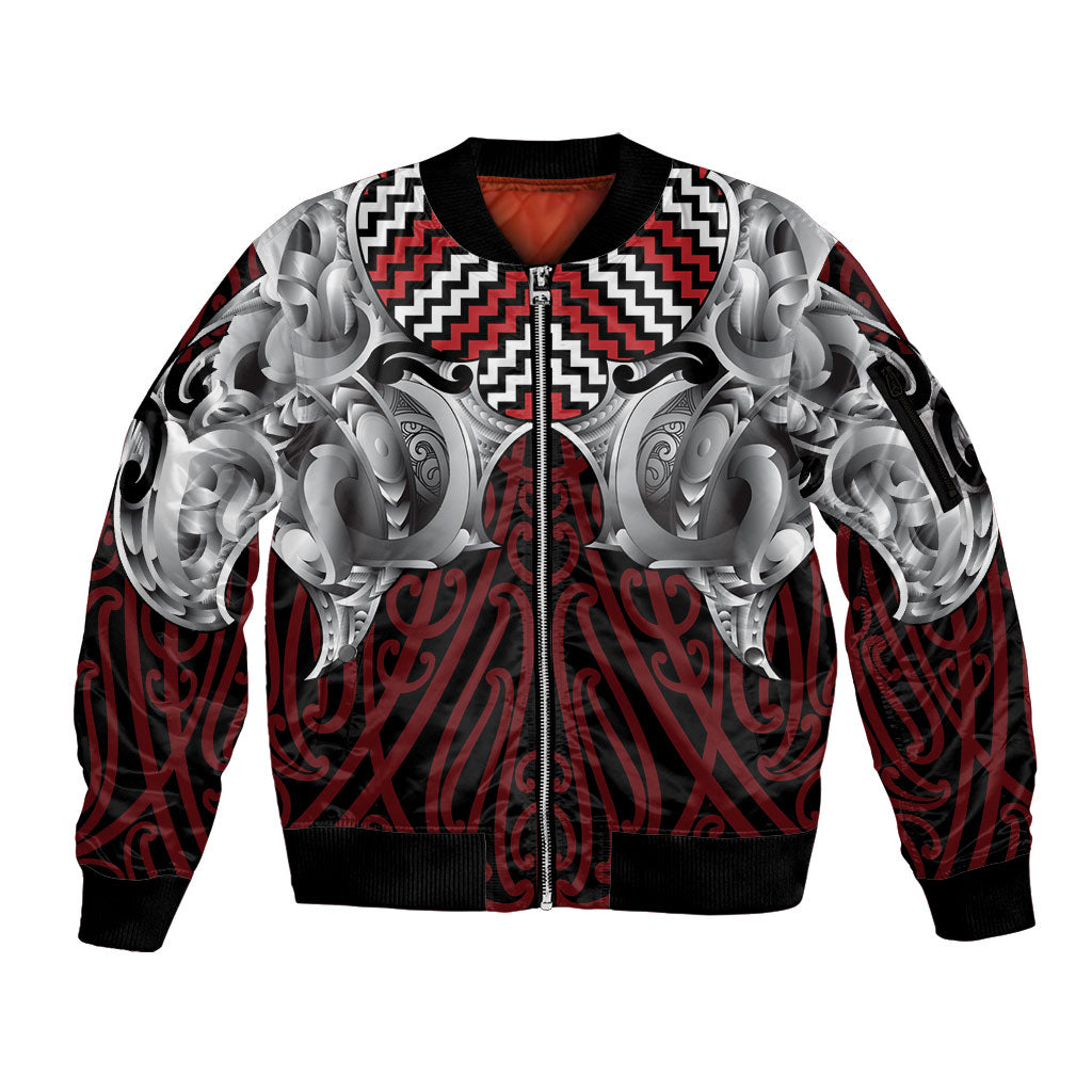 Aotearoa Kowhaiwhai Poutama Red Motif Sleeve Zip Bomber Jacket LT9 Unisex Red - Polynesian Pride