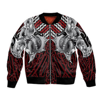 Aotearoa Kowhaiwhai Poutama Red Motif Sleeve Zip Bomber Jacket LT9 Unisex Red - Polynesian Pride