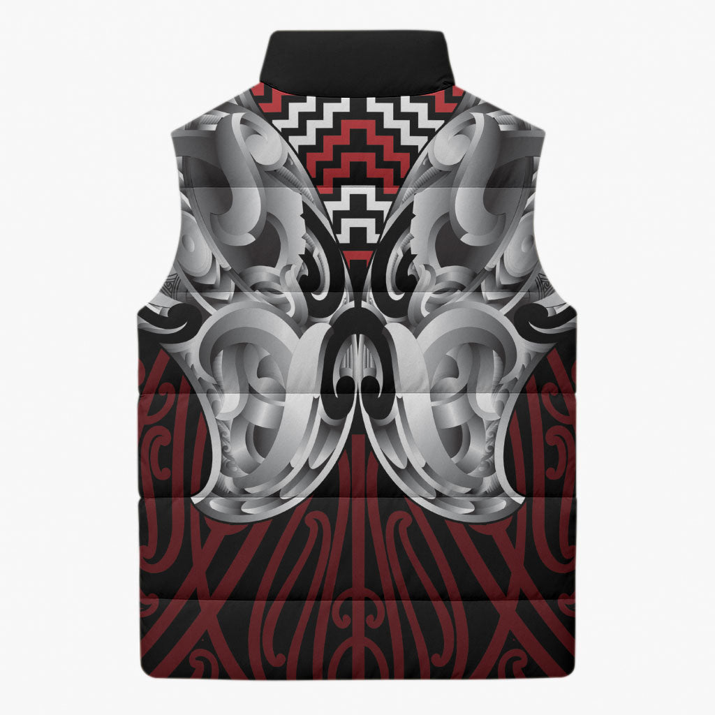 Aotearoa Kowhaiwhai Poutama Red Motif Sleeveless Puffer Jacket LT9 - Polynesian Pride