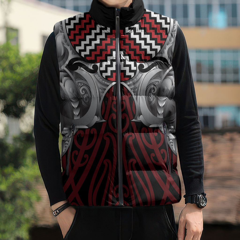 Aotearoa Kowhaiwhai Poutama Red Motif Sleeveless Puffer Jacket LT9 - Polynesian Pride