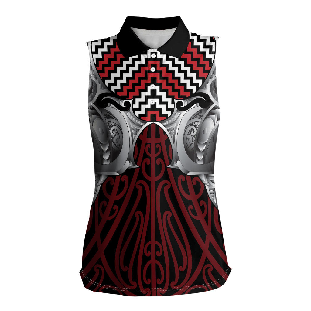 Aotearoa Kowhaiwhai Poutama Red Motif Women Sleeveless Polo Shirt LT9 Female Red - Polynesian Pride