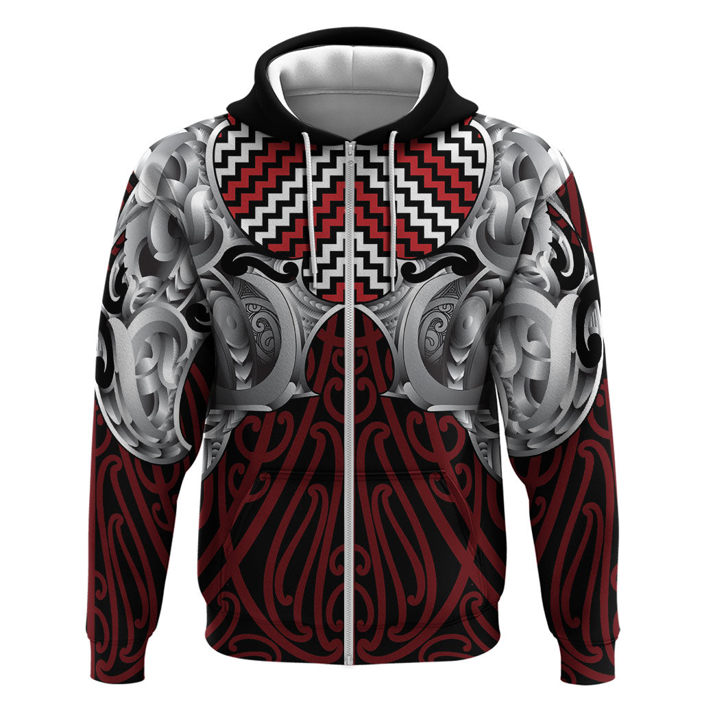Aotearoa Kowhaiwhai Poutama Red Motif Zip Hoodie LT9 Zip Hoodie Red - Polynesian Pride