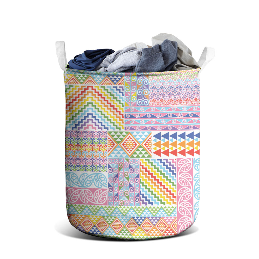 Aotearoa Kowhaiwhai Taniko Patchwork Rainbow Motifs Laundry Basket