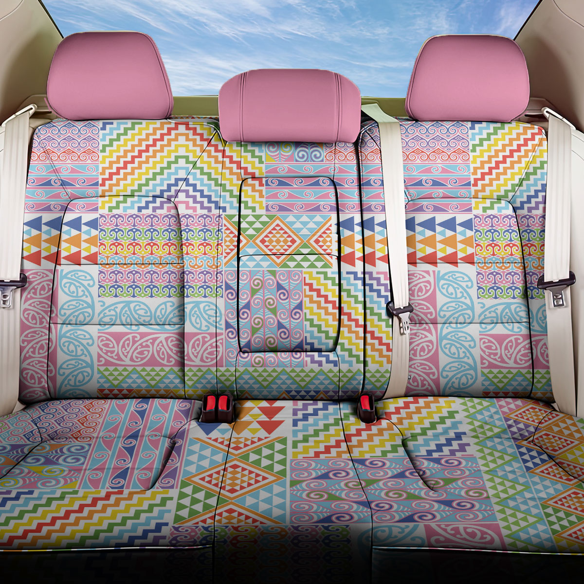 Aotearoa Kowhaiwhai Taniko Patchwork Rainbow Motifs Back Car Seat Cover LT9 One Size Rainbow - Polynesian Pride
