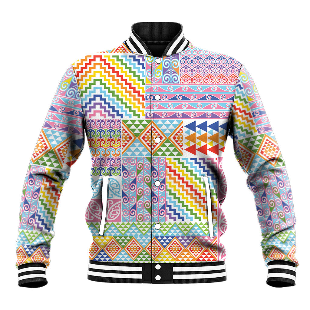 Aotearoa Kowhaiwhai Taniko Patchwork Rainbow Motifs Baseball Jacket