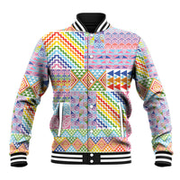 Aotearoa Kowhaiwhai Taniko Patchwork Rainbow Motifs Baseball Jacket LT9 Unisex Rainbow - Polynesian Pride