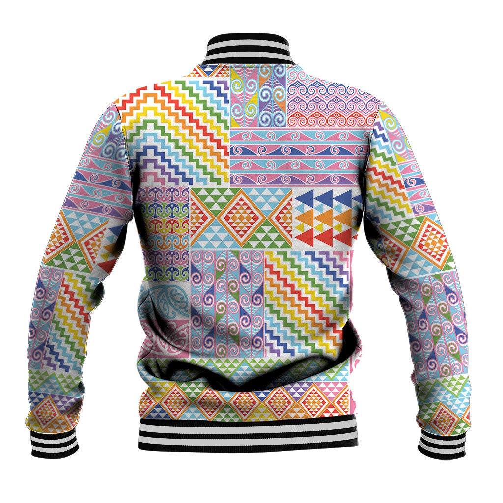 Aotearoa Kowhaiwhai Taniko Patchwork Rainbow Motifs Baseball Jacket LT9 - Polynesian Pride