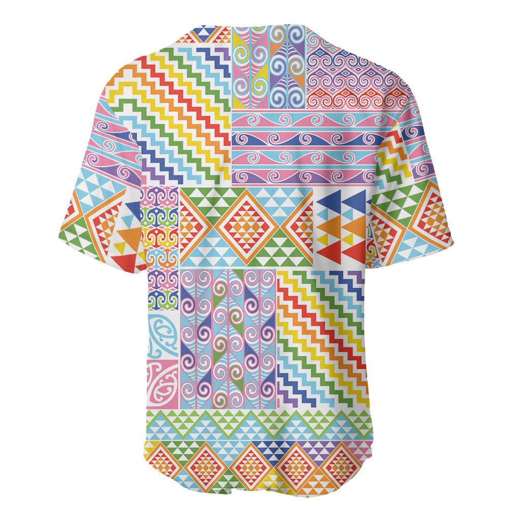 Aotearoa Kowhaiwhai Taniko Patchwork Rainbow Motifs Baseball Jersey LT9 - Polynesian Pride