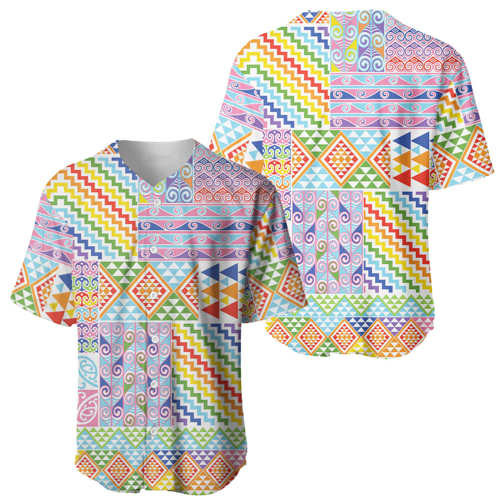 Aotearoa Kowhaiwhai Taniko Patchwork Rainbow Motifs Baseball Jersey LT9 - Polynesian Pride