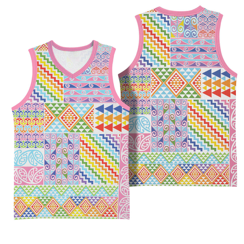 Aotearoa Kowhaiwhai Taniko Patchwork Rainbow Motifs Basketball Jersey