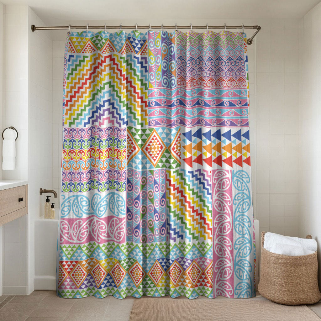 Aotearoa Kowhaiwhai Taniko Patchwork Rainbow Motifs Bathroom Set LT9 Shower Curtain Only Rainbow - Polynesian Pride