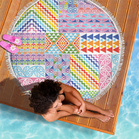Aotearoa Kowhaiwhai Taniko Patchwork Rainbow Motifs Beach Blanket LT9 - Polynesian Pride