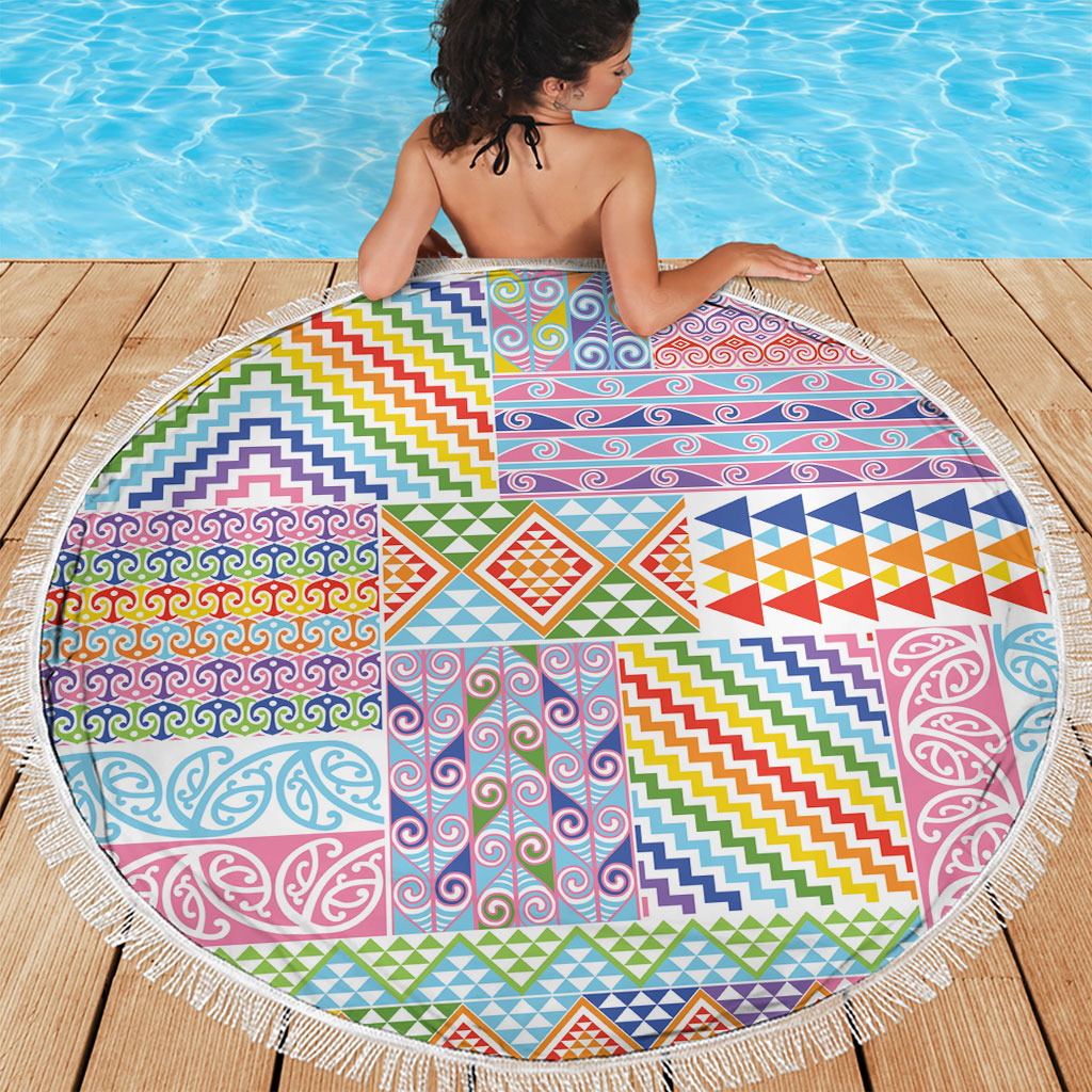 Aotearoa Kowhaiwhai Taniko Patchwork Rainbow Motifs Beach Blanket LT9 - Polynesian Pride