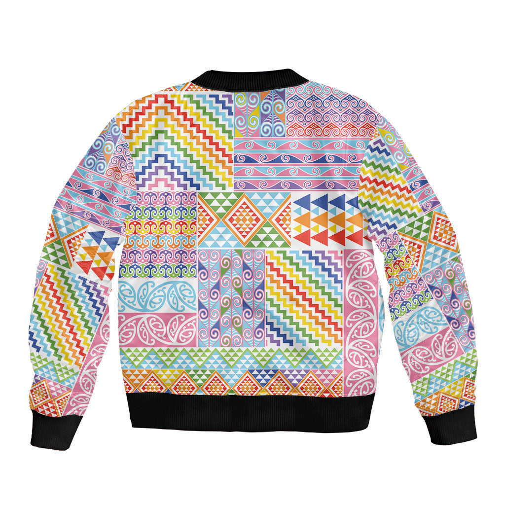 Aotearoa Kowhaiwhai Taniko Patchwork Rainbow Motifs Bomber Jacket LT9 - Polynesian Pride