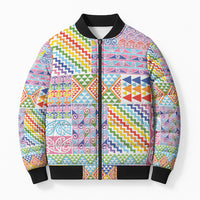 Aotearoa Kowhaiwhai Taniko Patchwork Rainbow Motifs Bomber Puffer Jacket