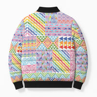 Aotearoa Kowhaiwhai Taniko Patchwork Rainbow Motifs Bomber Puffer Jacket