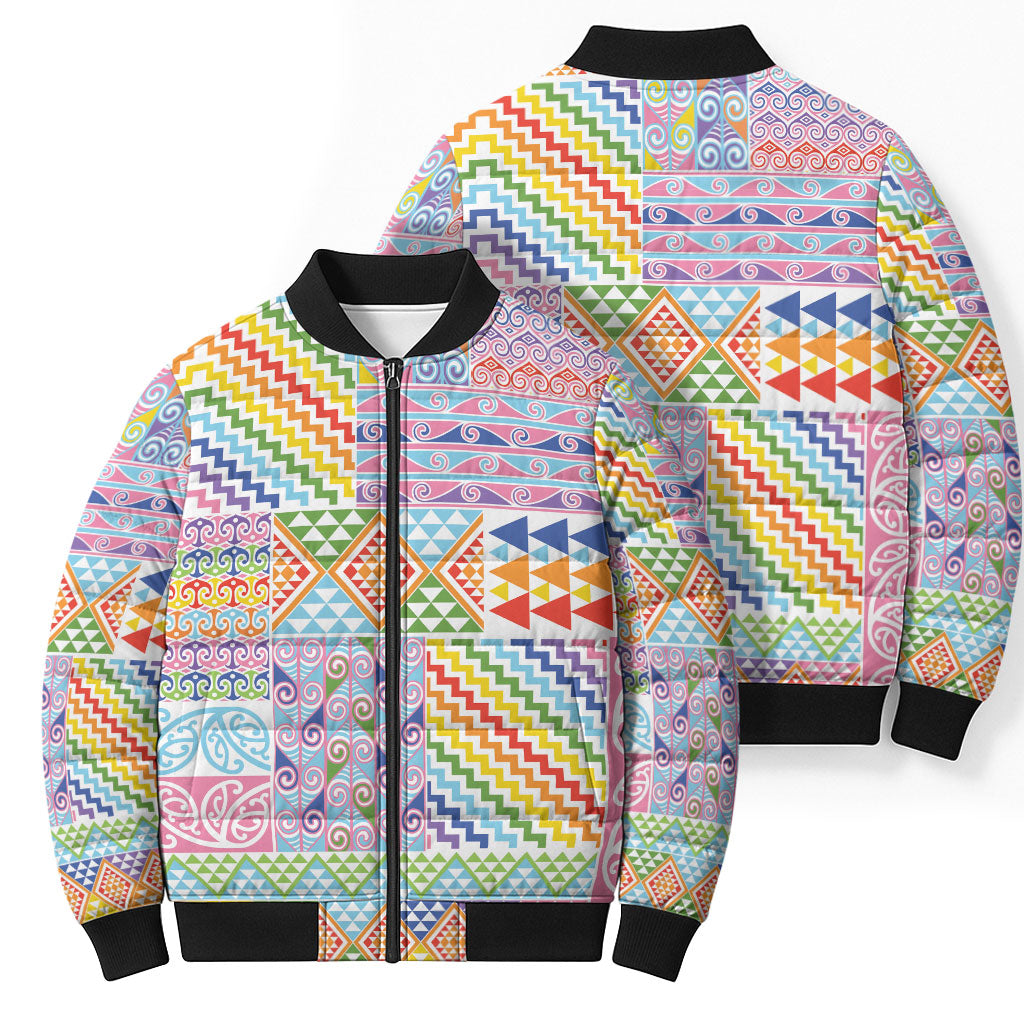 Aotearoa Kowhaiwhai Taniko Patchwork Rainbow Motifs Bomber Puffer Jacket