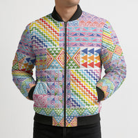 Aotearoa Kowhaiwhai Taniko Patchwork Rainbow Motifs Bomber Puffer Jacket