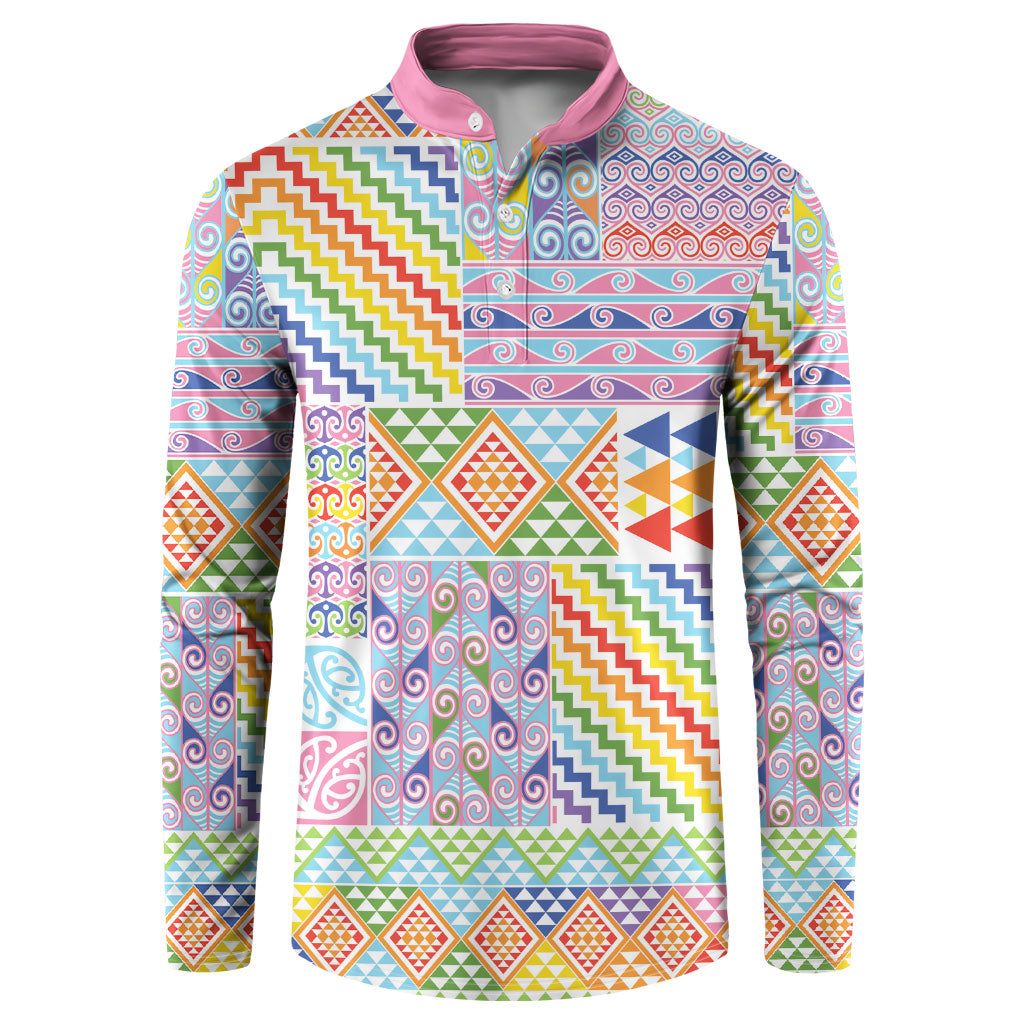 Aotearoa Kowhaiwhai Taniko Patchwork Rainbow Motifs Button Sweatshirt LT9 Rainbow - Polynesian Pride