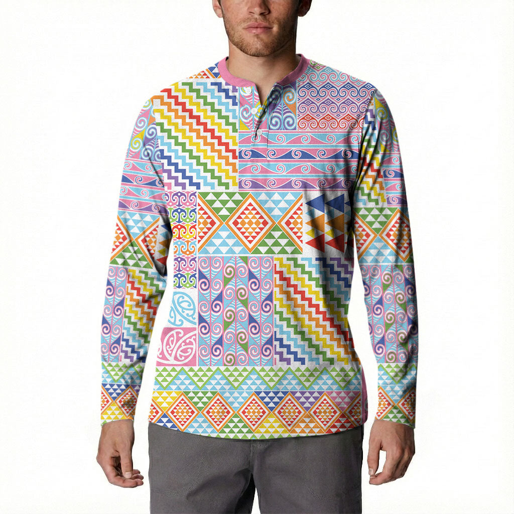 Aotearoa Kowhaiwhai Taniko Patchwork Rainbow Motifs Button Sweatshirt LT9 - Polynesian Pride