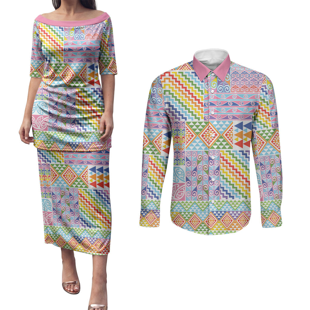 Aotearoa Kowhaiwhai Taniko Patchwork Rainbow Motifs Couples Matching Puletasi and Long Sleeve Button Shirt LT9 Rainbow - Polynesian Pride