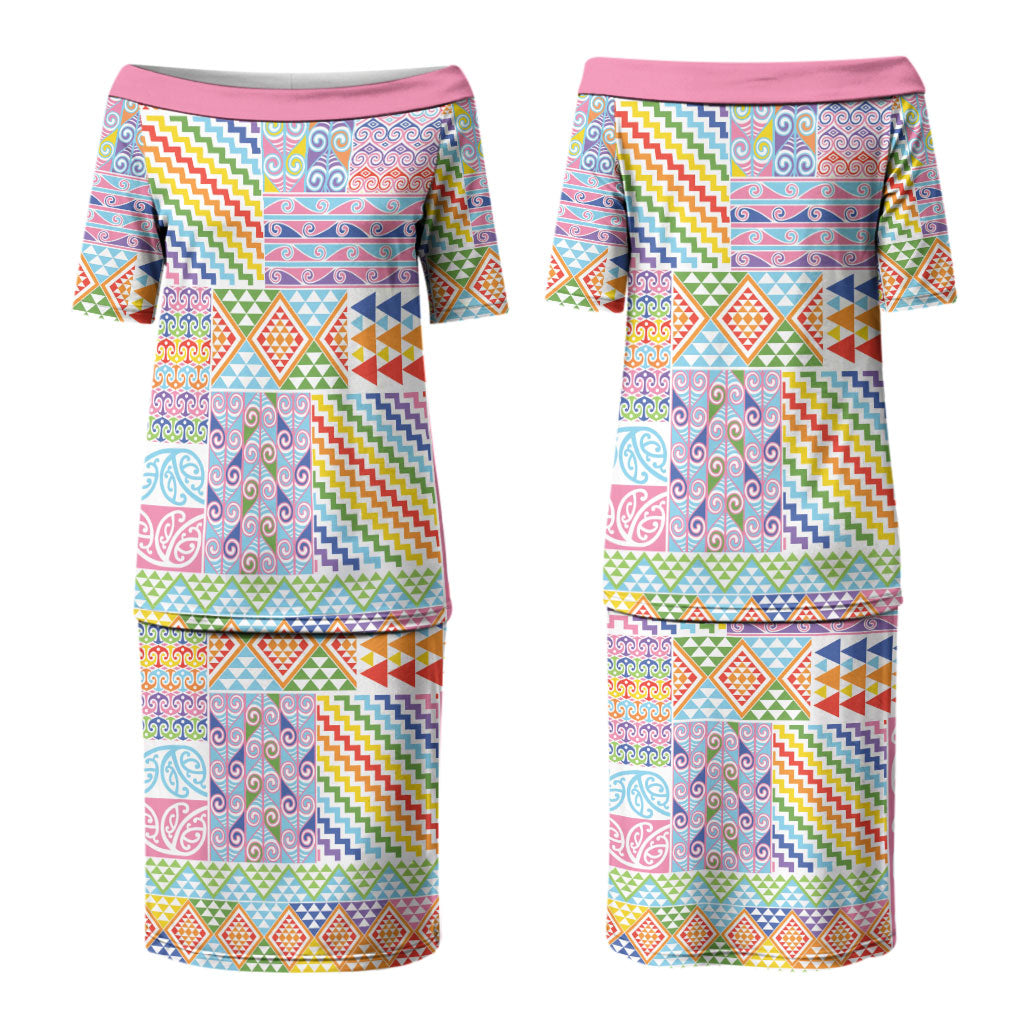 Aotearoa Kowhaiwhai Taniko Patchwork Rainbow Motifs Couples Matching Puletasi and Long Sleeve Button Shirt LT9 - Polynesian Pride