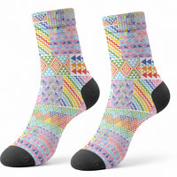Aotearoa Kowhaiwhai Taniko Patchwork Rainbow Motifs Crew Socks LT9 - Polynesian Pride