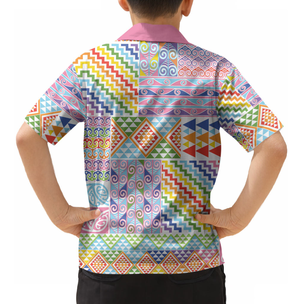Aotearoa Kowhaiwhai Taniko Patchwork Rainbow Motifs Kid Hawaiian Shirt LT9 - Polynesian Pride