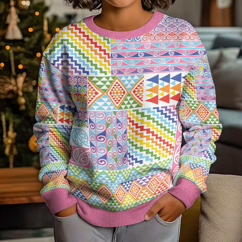 Aotearoa Kowhaiwhai Taniko Patchwork Rainbow Motifs Kid Ugly Christmas Sweater