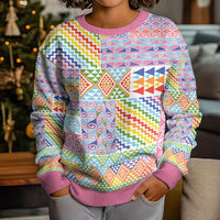 Aotearoa Kowhaiwhai Taniko Patchwork Rainbow Motifs Kid Ugly Christmas Sweater
