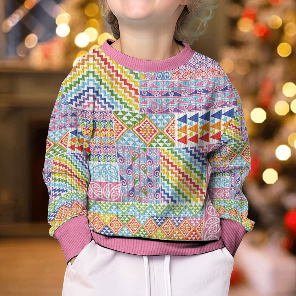 Aotearoa Kowhaiwhai Taniko Patchwork Rainbow Motifs Kid Ugly Christmas Sweater