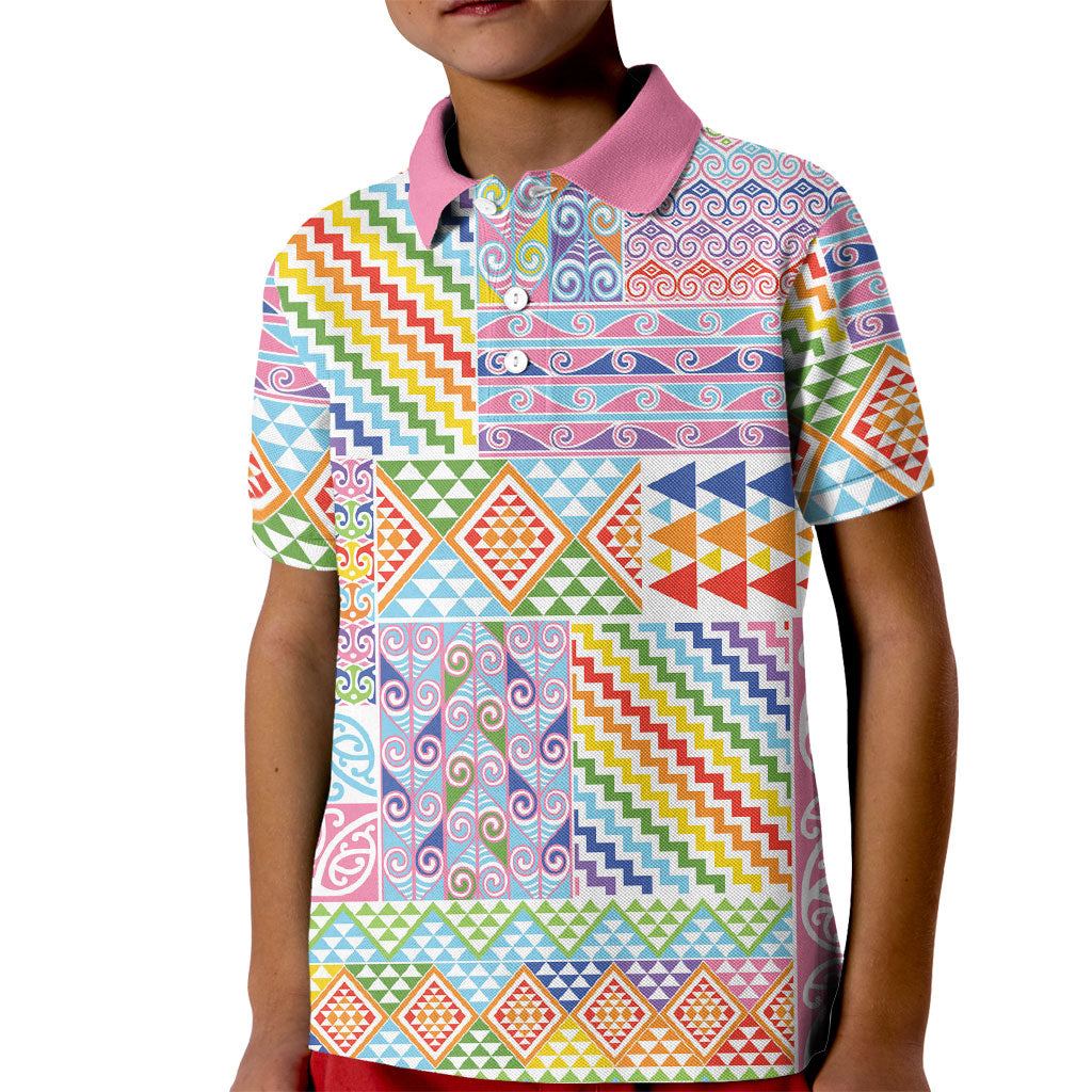 Aotearoa Kowhaiwhai Taniko Patchwork Rainbow Motifs Kid Polo Shirt LT9 Kid Rainbow - Polynesian Pride